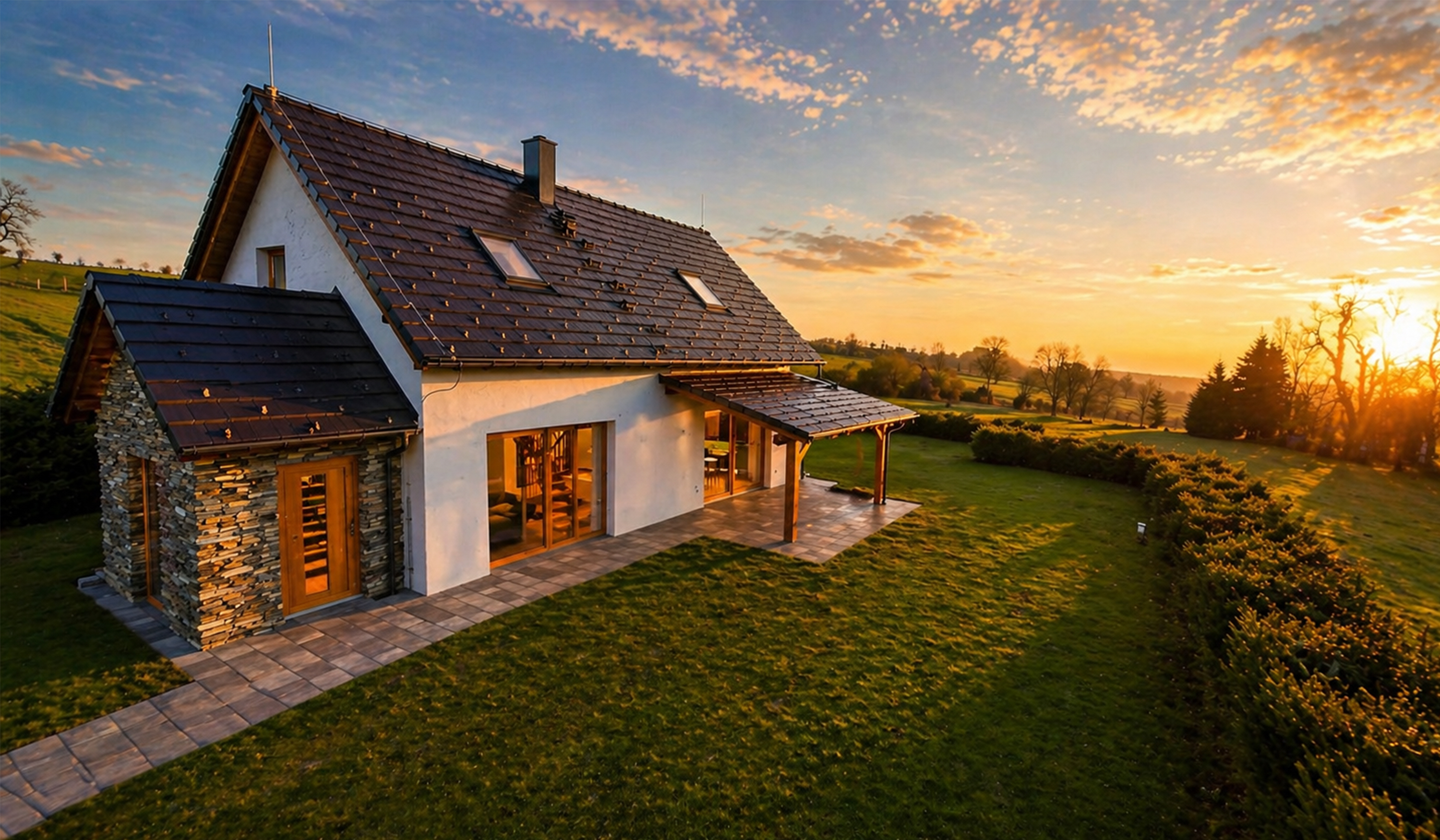 Exteriér — terasa a panoramatický výhled při východu slunce